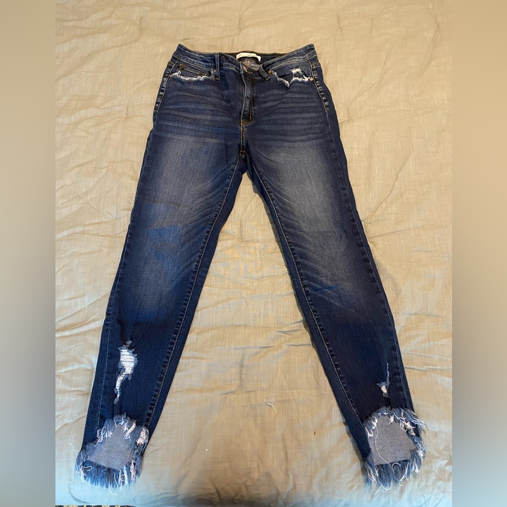 Kancan dark wash high rise skinny jeans with distressing